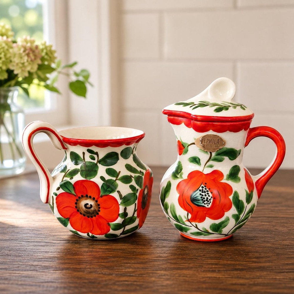 Vintage Erphila Art Pottery Pitcher Set - Czechoslovakia Handpainted Floral
